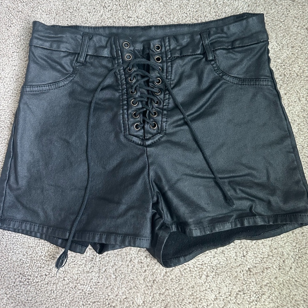 Super stretchy black leather shorts